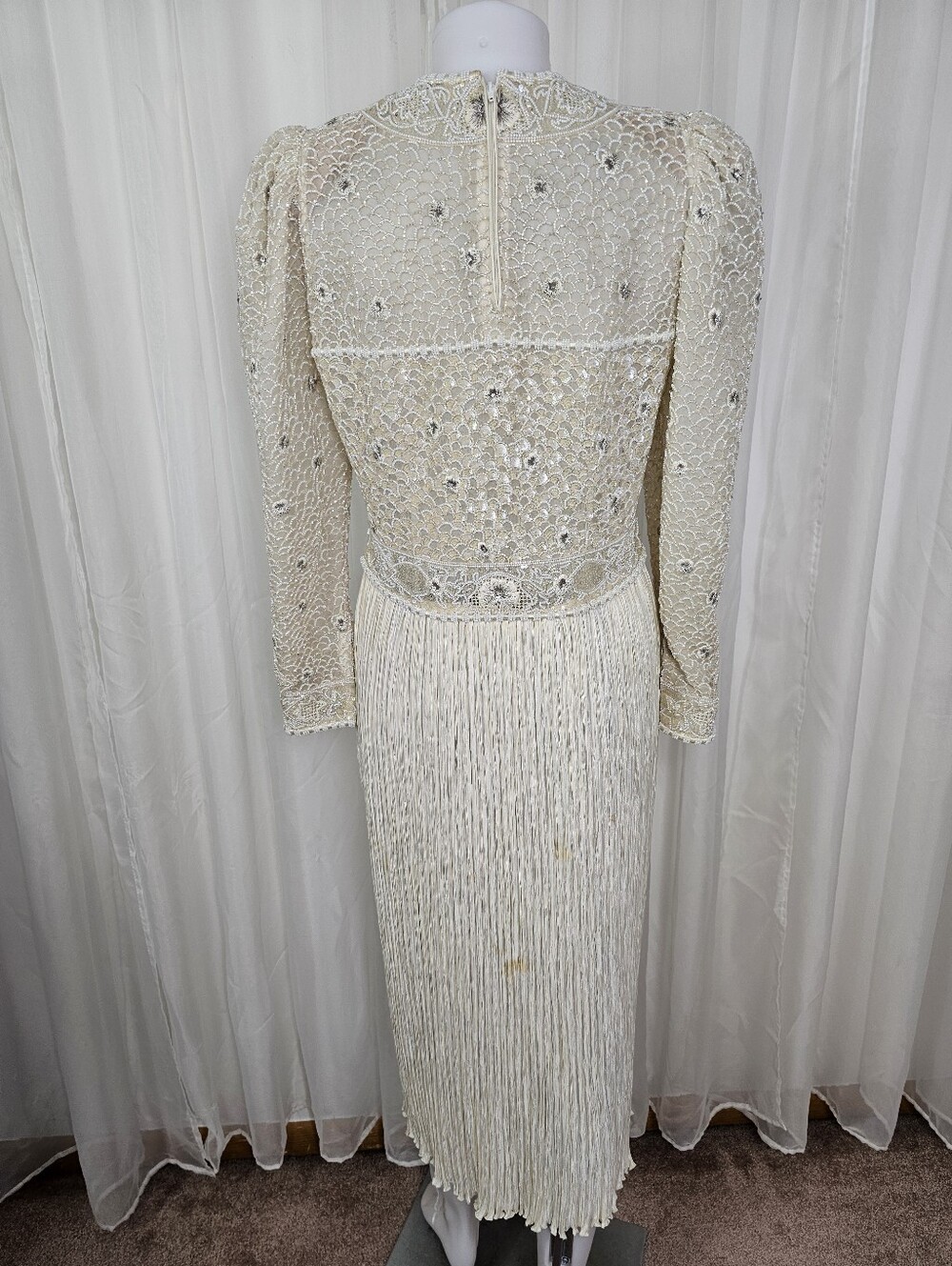 Vintage Mary McFadden Couture Beaded Gown 80s Cream Marii Pleat Stunning Rare - Picture 15 of 16